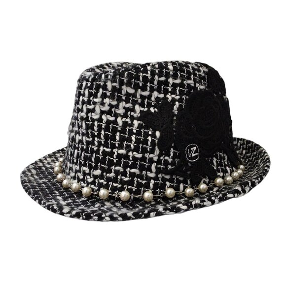 Von Zipper Accessories - VON ZIPPER Black & White Women's Tweed Fedora w/ Pearl Chain & Lace Accent 6-7/8